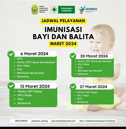 Jadwal Pelayanan Imunisasi Bayi & Balita maret 2024