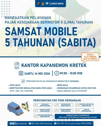 Pelayanan Pajak Kendaraan Bermotor 5 Tahunan melalui Samsat Mobile 5 Tahun (SABITA)